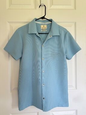 Scott James Mens Medium M Blue Textured Short Sleeve Knit Button Snap Camp Shirt